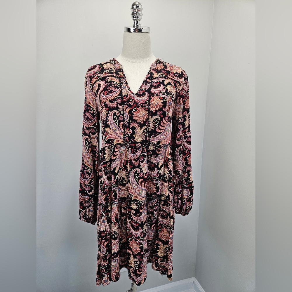 Knox Rose Womens Tired Dress Small Paisley Black Pink Long Sleeves Boho